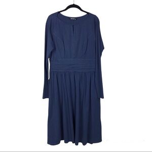 eShakti Navy Blue Keyhole Round Neck Long Sleeve Ruched Waist Midi Dress 
Size M